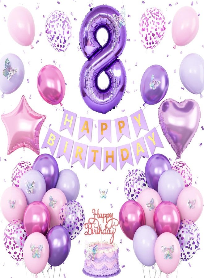Vibzox 8th Birthday Decorations for Girl,Pink Purple 8th Butterfly Decoration Birthday Balloons Pink Purple Banner Number 8 Balloons Cake Topper Butterfly Party Supplies for Girls - Image 1